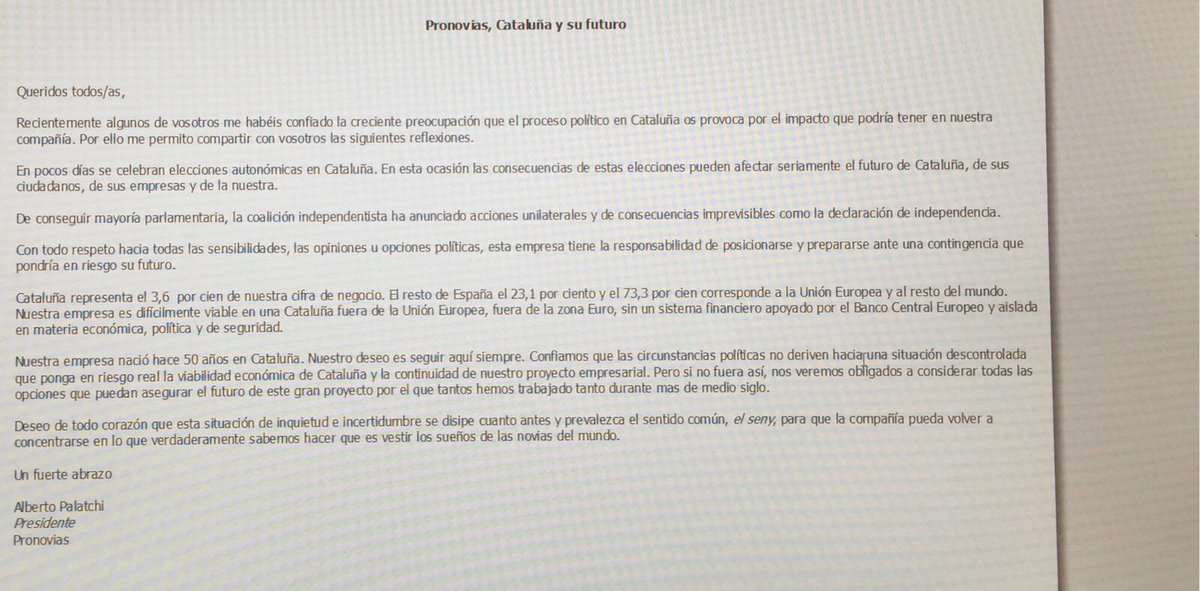 cadadiaesmillor's tweet image. #Pronovias avisa als seus empleats. #Coacció. #Feixisme. Dictadura #independencia #11S #Catalunya #Palatchi