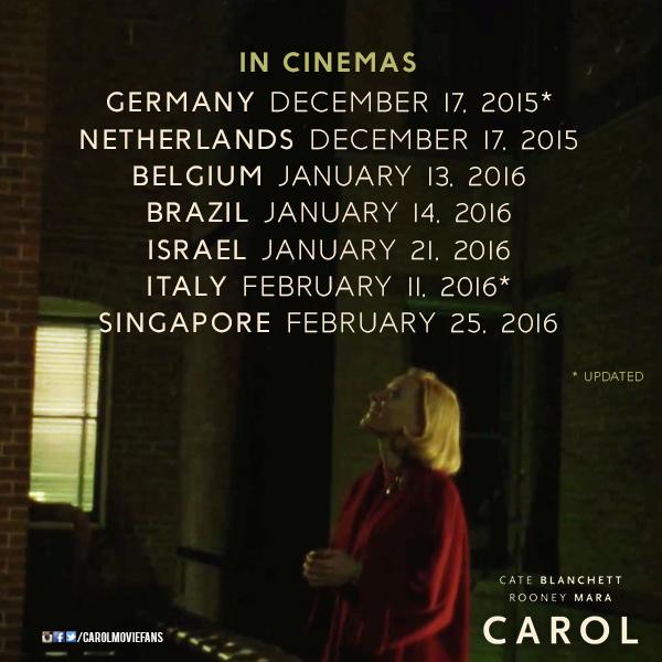 Updated theatrical releases for Todd Haynes' #CAROL. 
See more at missbelivet.tumblr.com/internationald…
#Carolwatch