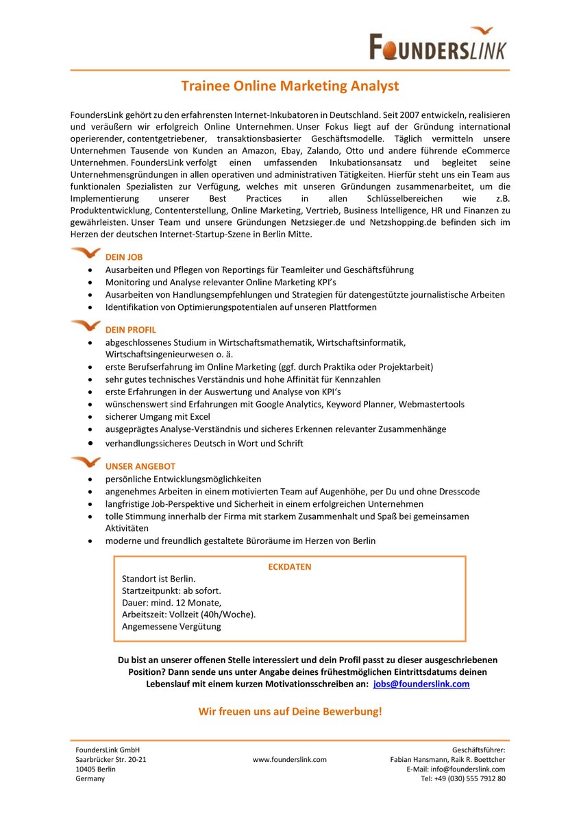 Founderslink Du Suchst Eine Spannende Herausforderung Als Trainee Im Onlinemarketing Onlinemarketinganalyst Jobderwoche Http T Co V0xjnlpeux