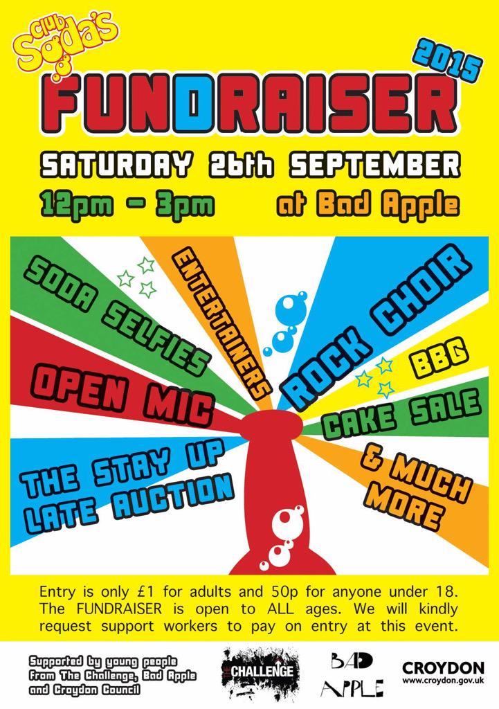 clubsodacroydon's tweet photo. Come along to our first ever fundraiser this Sat 12-3pm @BadAppleCroydon @MuseumOfCroydon @MatthewsYard @AmbitionFest http://t.co/TsHDL1n9bv