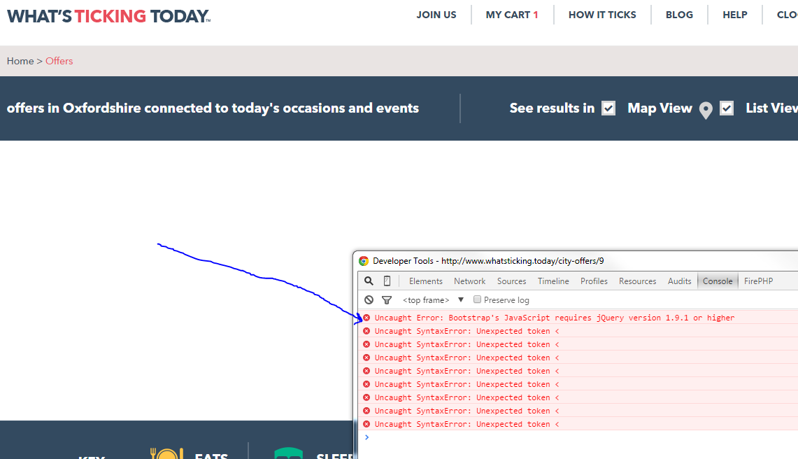 eswoosh's tweet photo. @tickingoxon You might want to review your bootstrap jquery calls. Cool site by the way. Here if you need help http://t.co/87gquuJt4U
