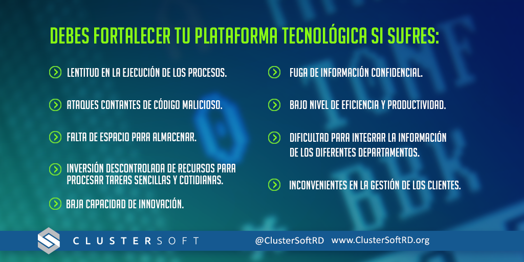 ClusterSoftRD's tweet photo. Si tu empresa sufre estos síntomas es porque necesitas fortalecer tu plataforma tecnológica. #ClusterSoft http://t.co/PwOdILrfMm