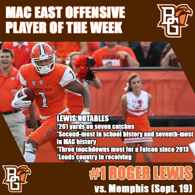 BGSU_Athletics's tweet photo. Roger Lewis has been named @MACSports Player of the Week following his historic performance Saturday against Memphis http://t.co/USsZQYJg45