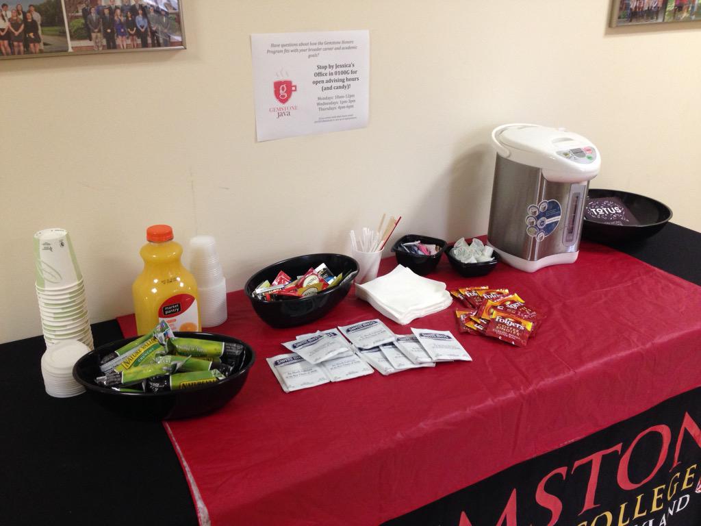 GemstoneProgram's tweet photo. Happy Monday! Jessica's advising hrs are until 12pm! Stop by for free coffee, tea, hot chocolate! #JavaWithJessica http://t.co/8Bf8H1457T
