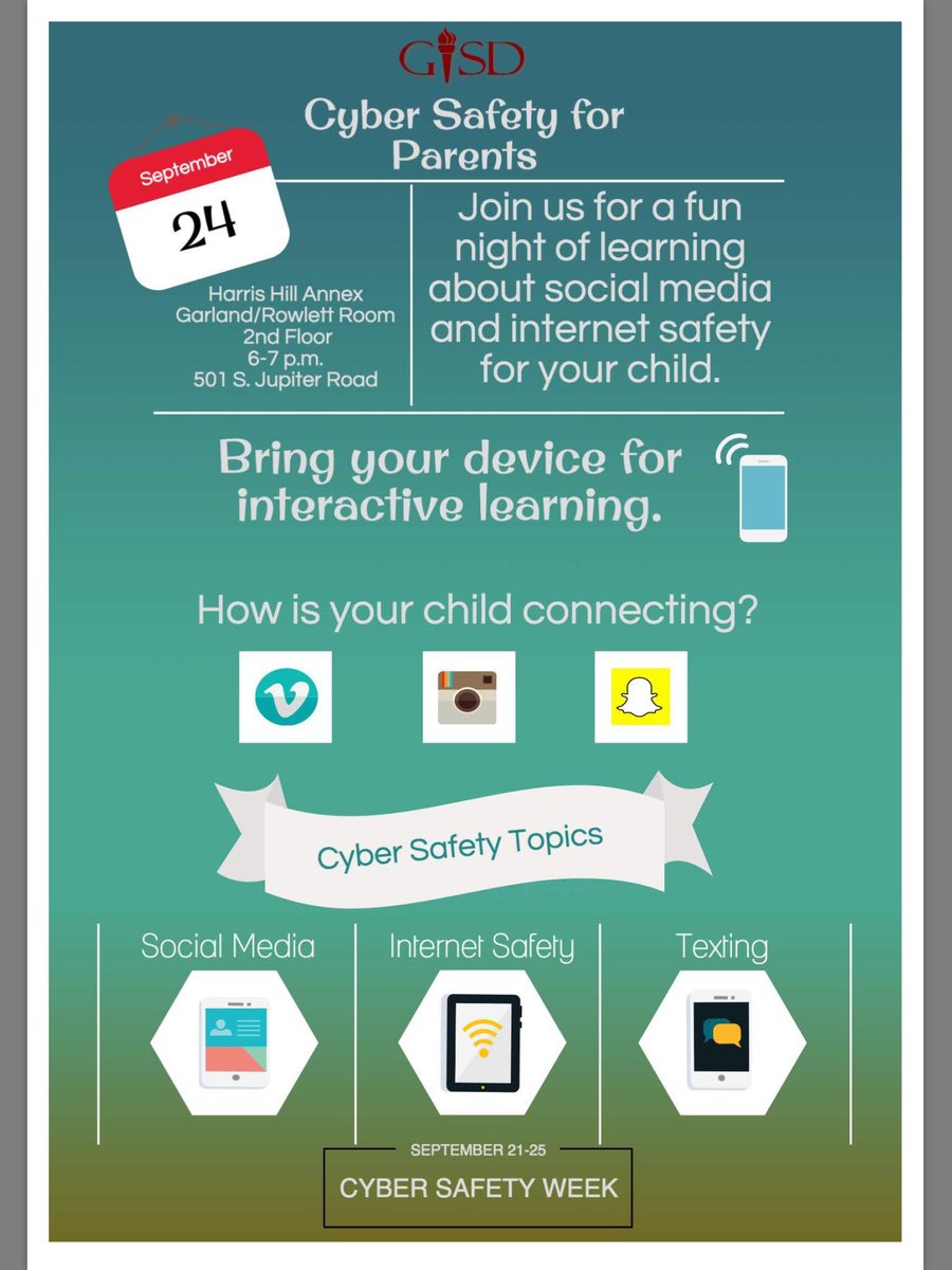 gisdnews's tweet photo. Students are learning about cybersafety this week and parents are invited to an information night Thursday, Sept. 24. http://t.co/FbcImph8uR
