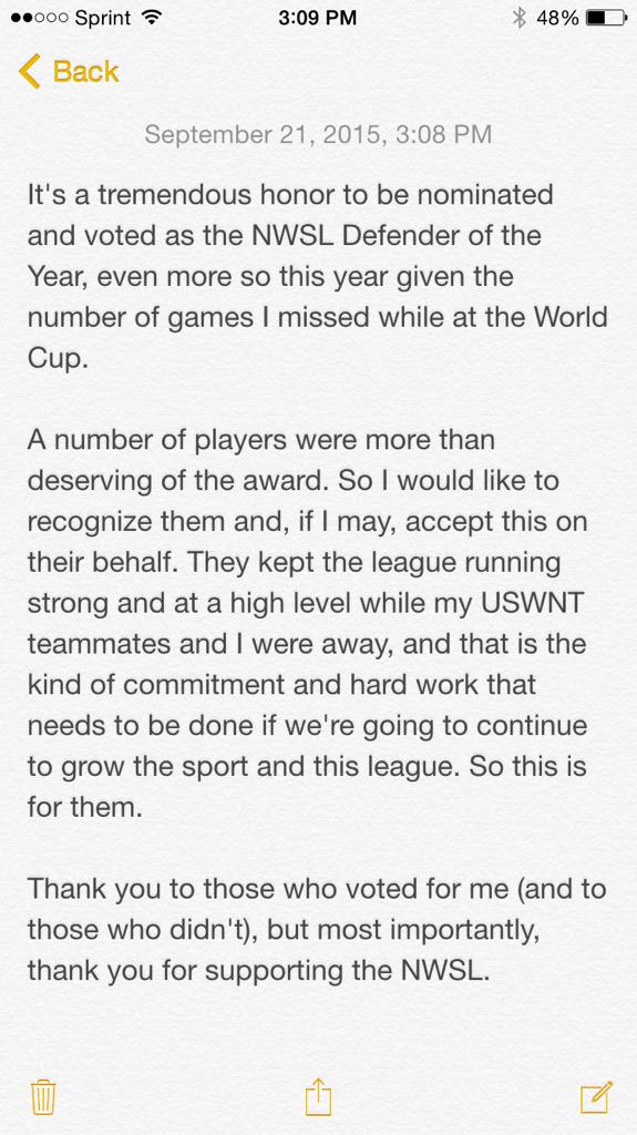 beckysauerbrunn's tweet photo. A note on the #NWSLDOY award http://t.co/aR1dE8rMzX