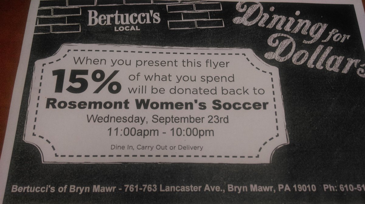 RosemontRavens's tweet photo. Lunch/dinner on Wed. Try Bertucci's in Bryn Mawr! Use the coupon and 15% will be donated to Rosemont Women's Soccer! http://t.co/7pYsA1ylWO