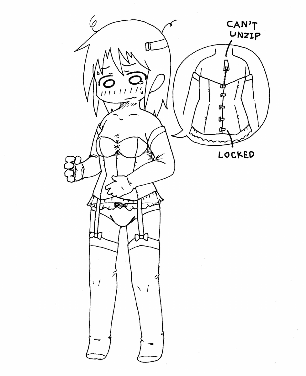 目が覚めたら少女の皮を着せられててそれ自体は背中のジッパーを下ろせば脱げるんだけどその上に着せられたスリーインワン(長手袋・ストッキング付)のビスチェ部分の留め具が外れないし刃物で切れない特殊繊維製だしで結果として皮が脱げない系落書き 