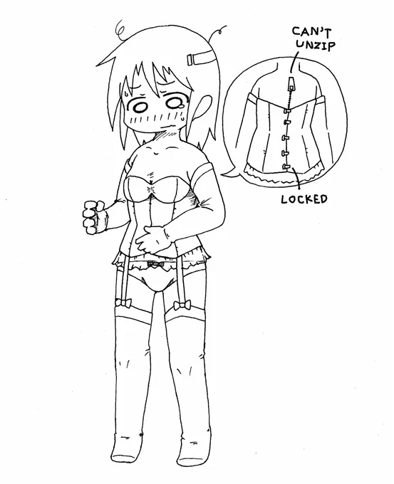 目が覚めたら少女の皮を着せられててそれ自体は背中のジッパーを下ろせば脱げるんだけどその上に着せられたスリーインワン(長手袋・ストッキング付)のビスチェ部分の留め具が外れないし刃物で切れない特殊繊維製だしで結果として皮が脱げない系落書き 