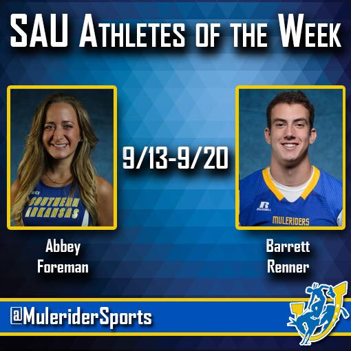 MuleriderSports's tweet photo. Congrats to our SAU Athletes of the Week: Abbey Foreman (WXC) and Barrett Renner (FB) #GoMuleriders #WeBleedBlue http://t.co/qoWRgNcMDc