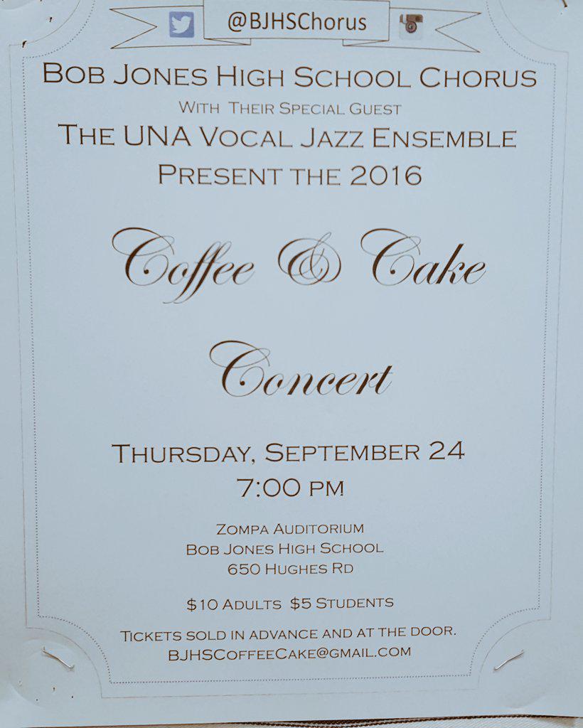 The BJHS Chorus Coffee and Cake Concert is this Thursday at 7pm in the auditorium.