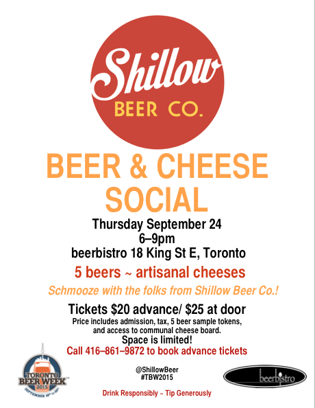 ShillowBeer's tweet photo. Save yourself $5! Call and register for our Beer &amp; Cheese Social event at @beerbistroTO this Thursday September 24! http://t.co/vb5p1zWzNH