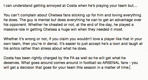 FootyAccums's tweet photo. My final thoughts on the baddy Diego Costa.

Bit of a deep rant for a Monday afternoon but nevermind! #CFC #AFC http://t.co/uCl0LqzvXT