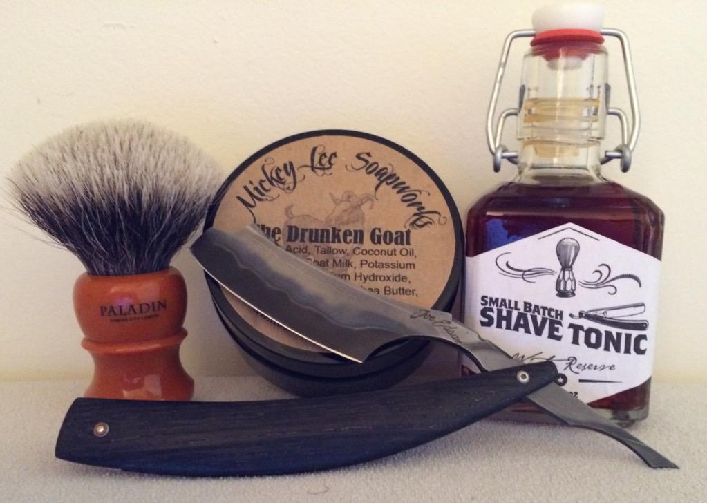 Crash02Stephen's tweet photo. #SOTD @mickeyleesoaps The Drunken Goat, Paladin PK-47, @EdsonRazors 7/8 custom straight, @DrbyCtyChopShop Shave Tonic http://t.co/UtMqusXudn