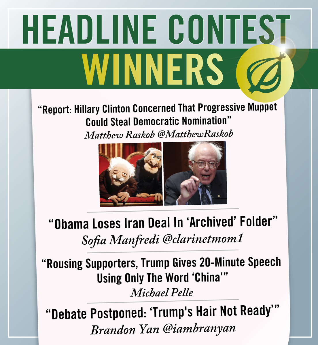 PolisAtDuke's tweet photo. Here are the Top 10 entries from our headline contest! The overall winner will be announced by Scott Dikkers TONIGHT http://t.co/vdoDuLQjJV