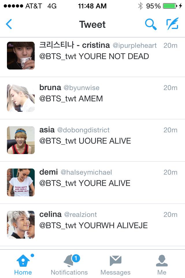 EmSushi7's tweet photo. These tweets are killing me hahaha #YoureAlive #YourNotDead hahaha @BTS_twt πππππ http://t.co/ZX7NLzSWzK
