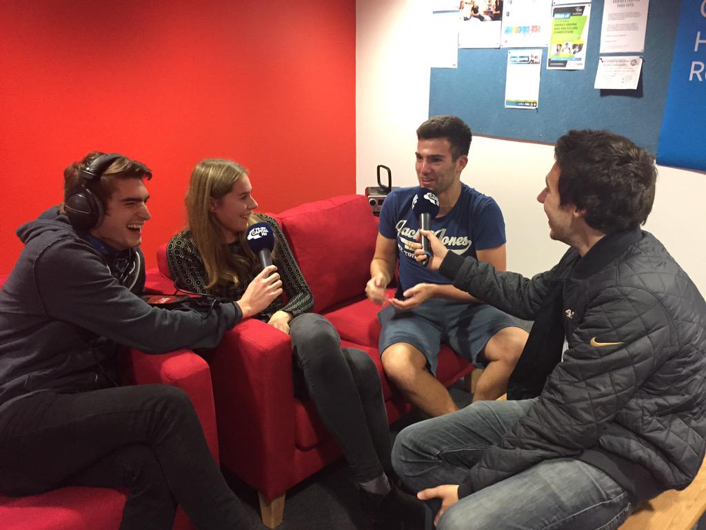 GatewayJCR's tweet photo. Our lovely Freshers are showing @CapSouthCoast's Tom and Emma around their flat right now! #GloriousGateway http://t.co/Fi8KhTdl1W