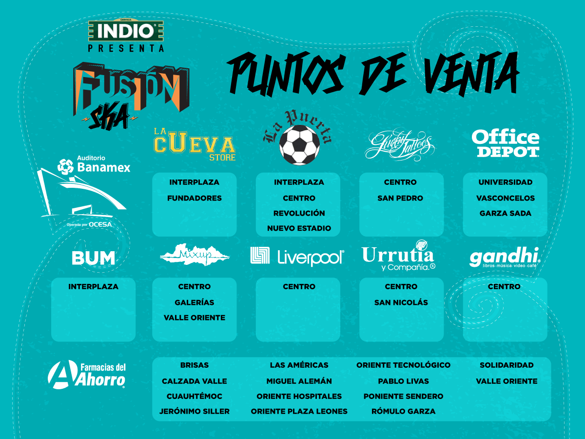 FusionMty's tweet photo. ¡Puntos de Venta FUSION SKA!

Boletos disponibles en La Cueva Store, La Puerta, Lucky Tattoos y en @Ticketmaster_Me http://t.co/hcKsXiClu2