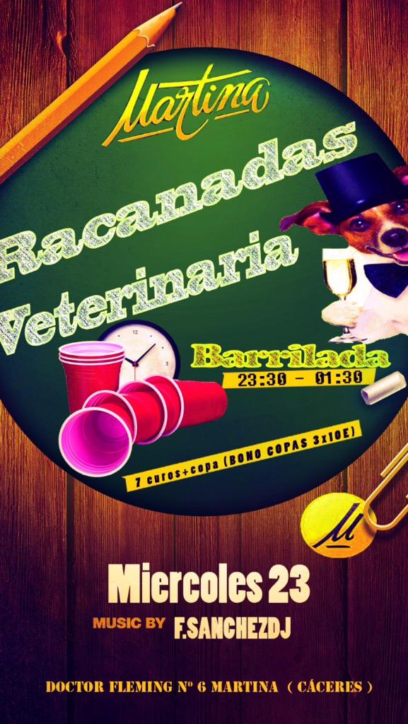 guiberteau's tweet photo. Este miercoles, 23 RACANADAS VETERINARIA en MARTINA, os esperamos a partir de las 23:30 http://t.co/PKlfURMwES