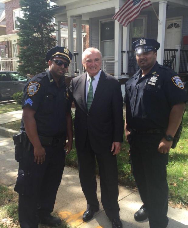 NYPDauxiliary's tweet photo. @CommissBratton with A/Sgt Naidu and APO Deonarine from the @NYPD102Pct at today's street renaming for Jack Maple http://t.co/QimGPRRGVW