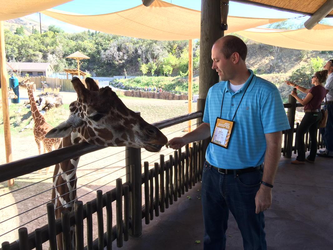 structuralds's tweet image. One of SDS's Principals, Jake feeding a giraffe @HogleZoo from the very exhibit he designed. #AZA2015