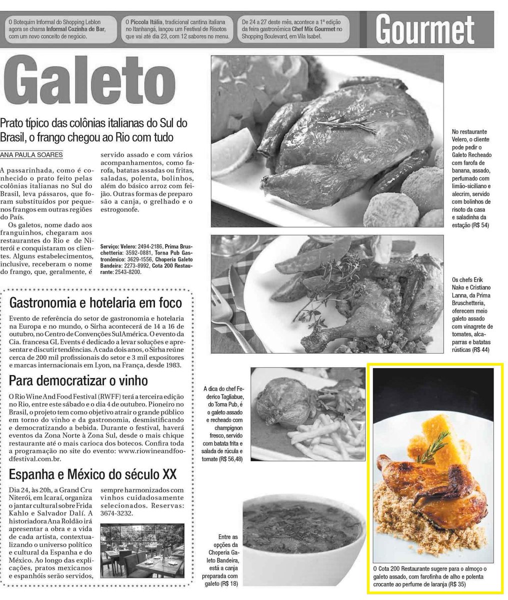 cota200restaur's tweet photo. O Galeto Assado do Cota 200 Restaurante foi destaque no caderno Gourmet, do jornal O Fluminense. Venha experimentar! http://t.co/FPyVP9ie90