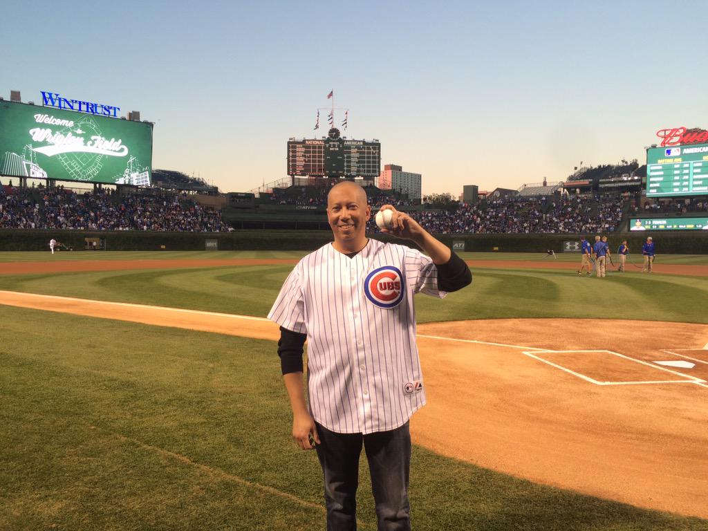 Cubs's tweet photo. Congrats to our #CubsSocial winner, Scott, for throwing tonight's first pitch! http://t.co/4u1uIqXGTN
