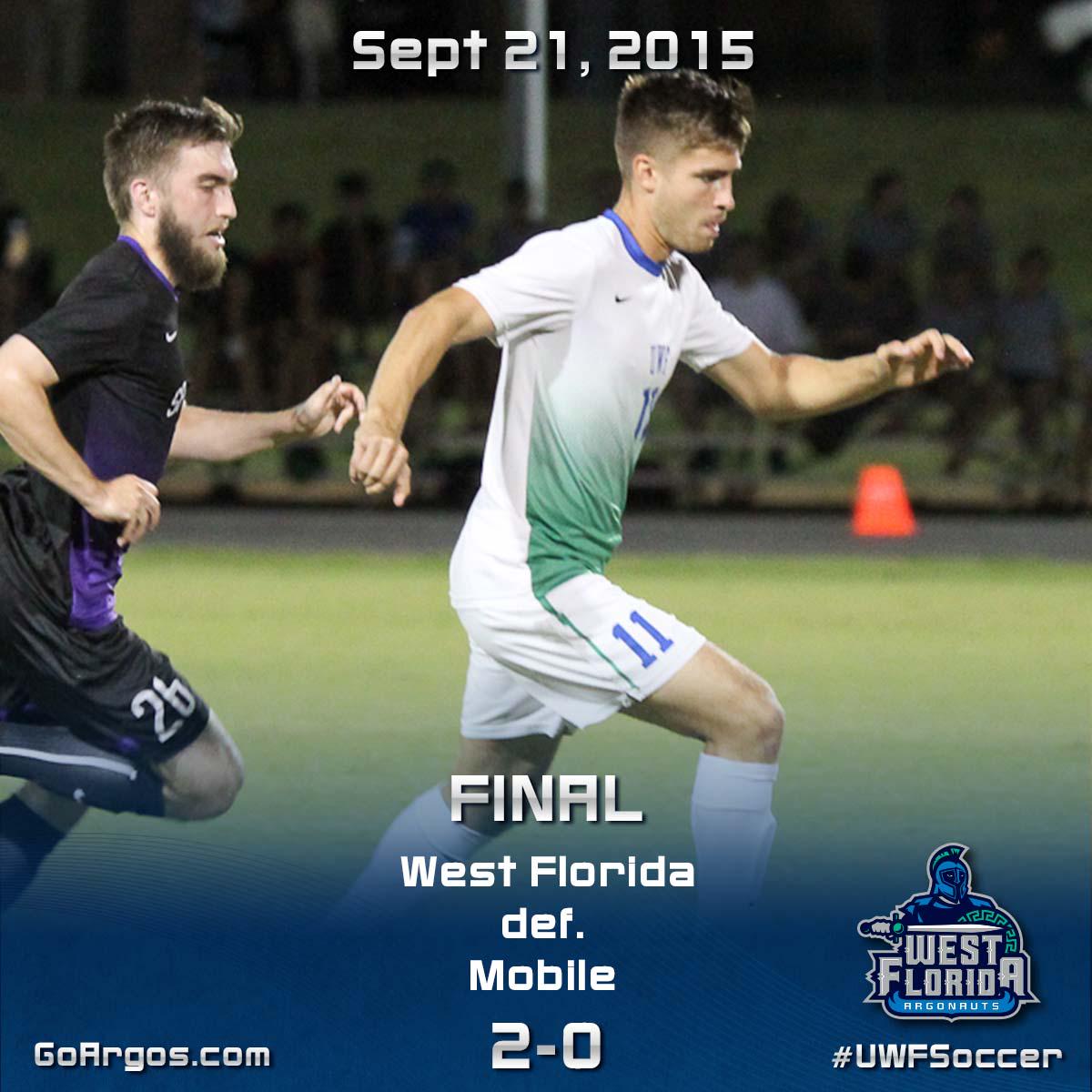 GoArgos's tweet photo. The #UWFSoccer men's team defeated Mobile 2-0 Monday night. Urbancic and Castleman with goals in the win. #GoArgos http://t.co/lCDsR4ce4U