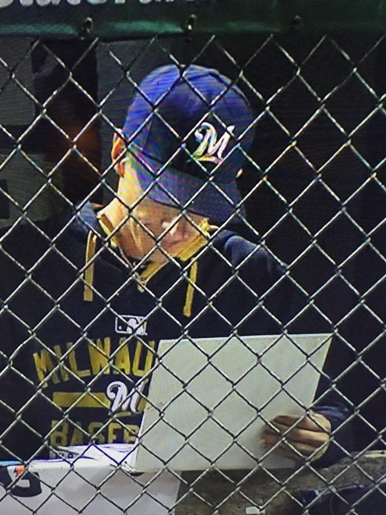 torqpenderloin's tweet photo. Craig Counsell checking notes after another loss to the Cubs http://t.co/TdaPVJNHOj
