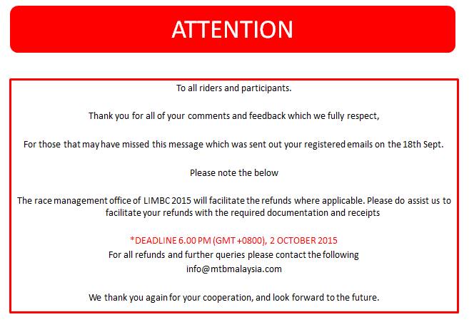 LIMBCMALAYSIA's tweet photo. ATTENTION TO ALL RIDERS AND PARTICIPANT #limbcmalaysia http://t.co/awEps2dxCv