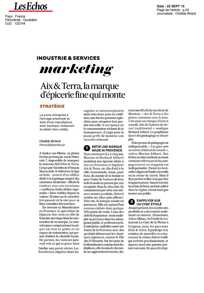 MarionAsalAC's tweet photo. Paru ce jour : superbe article de @ClotildeBriard sur la Manufacture @Aixetterra dans @LesEchos. A lire ! http://t.co/DAhyyfHfEk