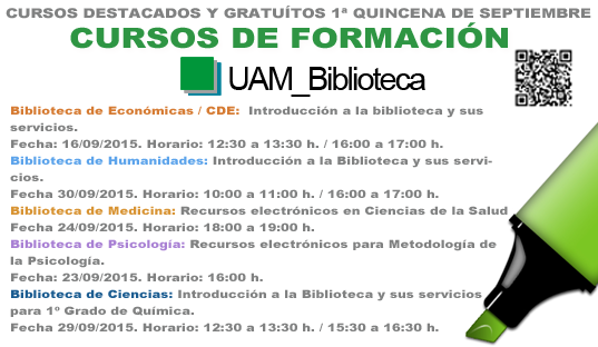 UAM_Biblioteca's tweet photo. Aún estás a tiempo de asistir a los cursos de la formación gratuitos en tu #UAM_Biblioteca ;),¡apúntate! http://t.co/bYpZKDJ4Au