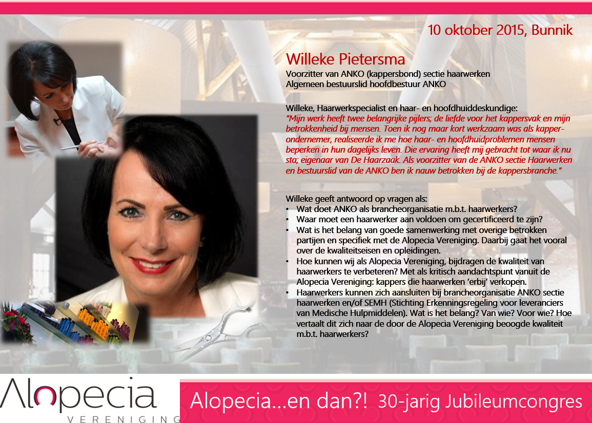 AlopeciaVerenig's tweet photo. #Alopecia Jubileumcongres 10 okt. Met oa Willeke Pietersma. Meld je snel aan via http://t.co/7Sm20WnCpv #haarverlies http://t.co/BUKfR9FzRa