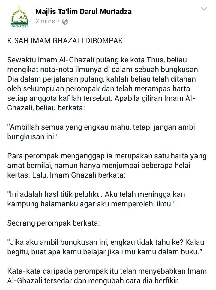 Darul_Murtadza's tweet photo. Kisah Imam Al-Ghazali Dirompak

"Kalau begitu, buat apa belajar jika ilmu kamu di dalam buku?" -Perompak

Mari baca! http://t.co/GMRXhRsJXl
