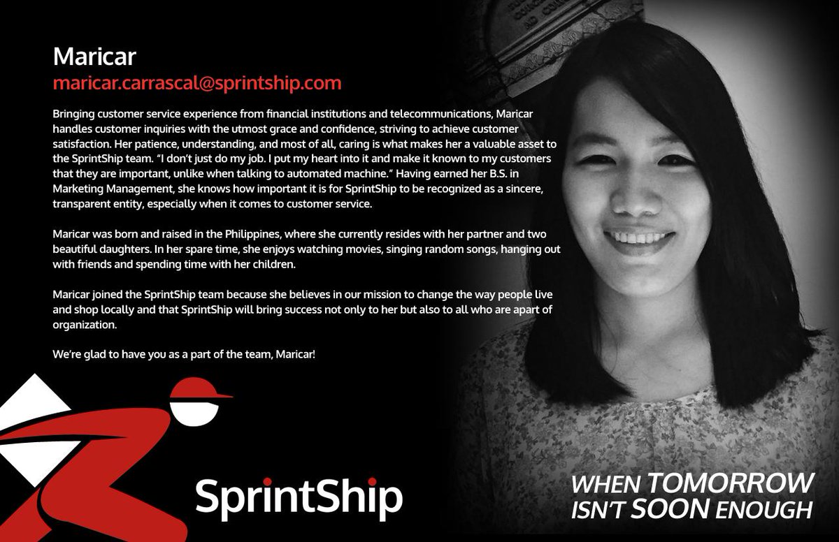 SprintShip's tweet photo. Meet Maricar, one of our outstanding customer service representatives. #CSR #tech #startup #delivery http://t.co/tIXWzm9XbN