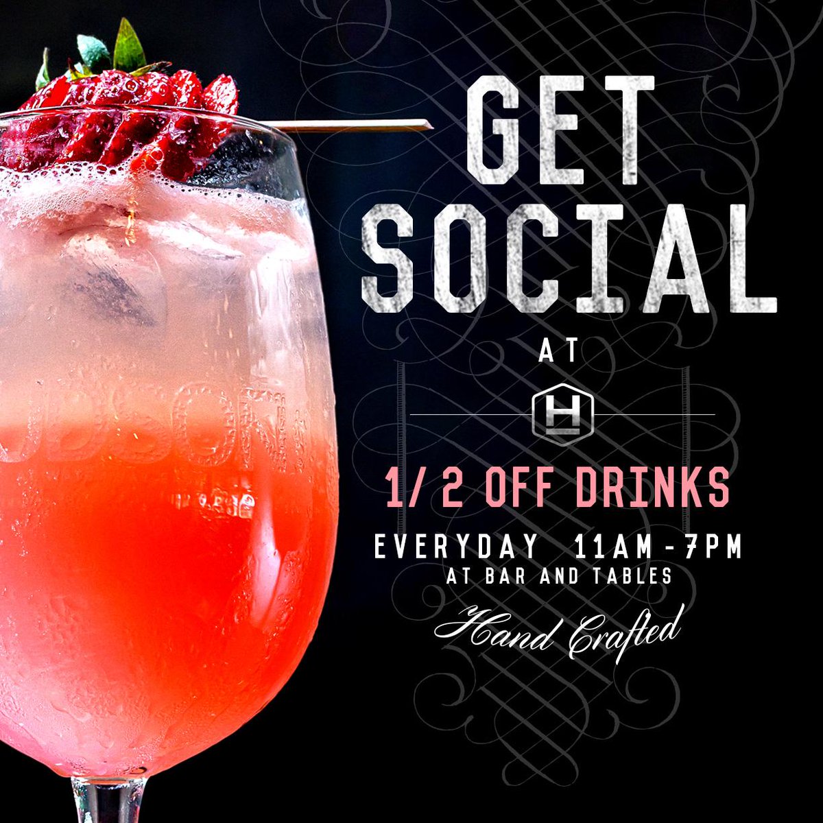 Come get social with #HudsonDelray! We have 1/2 off drinks everyday 11am-7pm...Now that's a deal! #HudsonSocial