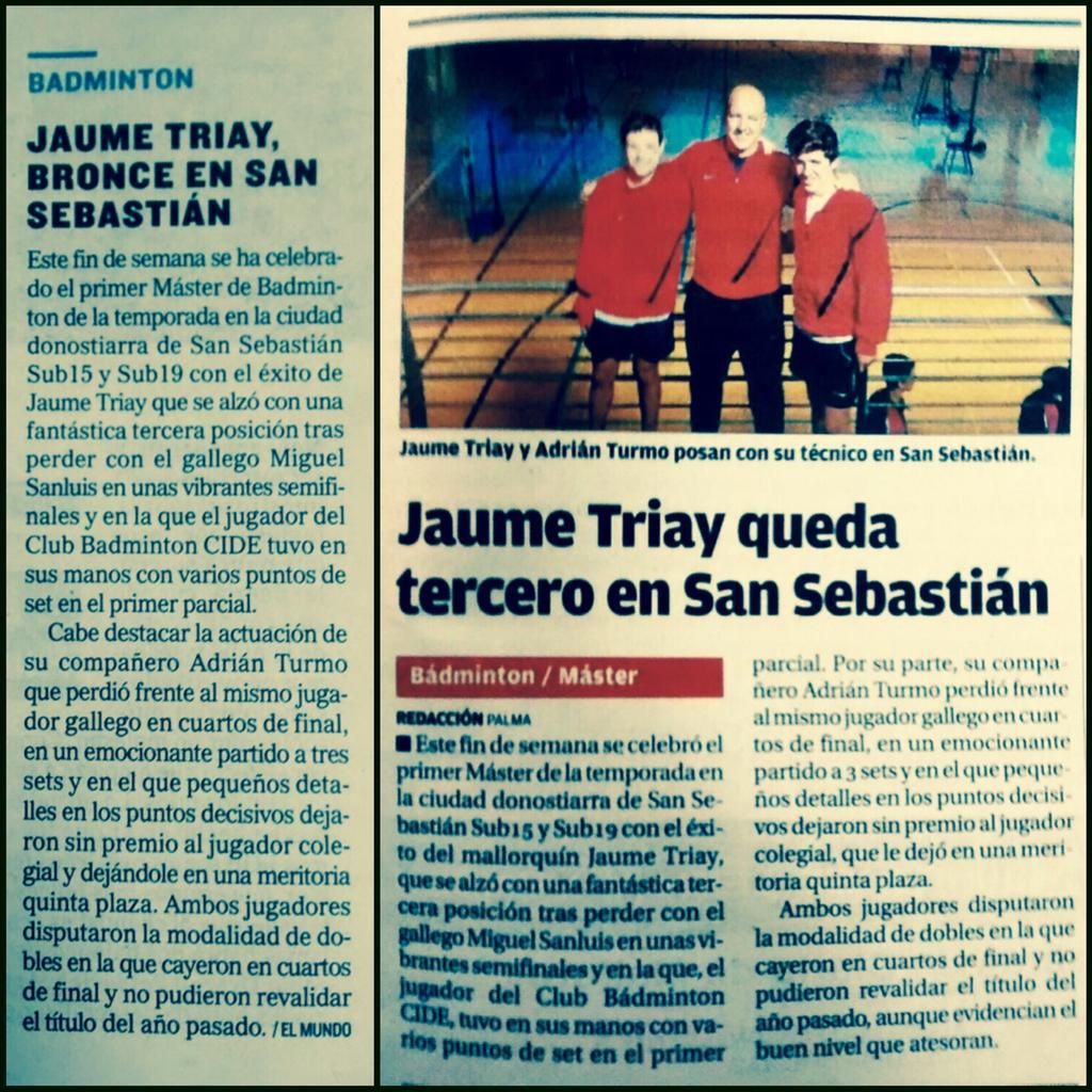 alvarez_angels's tweet photo. Jaume Triay 3r Màster Bàdminton Sant Sebastià. Gràcies @elmundobaleares @diariomallorca  @CIDEBAD @bdminton @Triay01 http://t.co/NOiVNg884Z