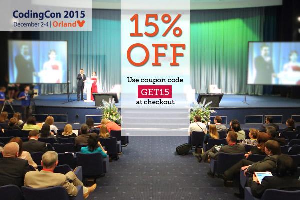 codingcon's tweet image. Don't miss your chance to get 15% OFF on #CodingCon2015. Use Coupon Code "GET15" at checkout. goo.gl/kHjGcc