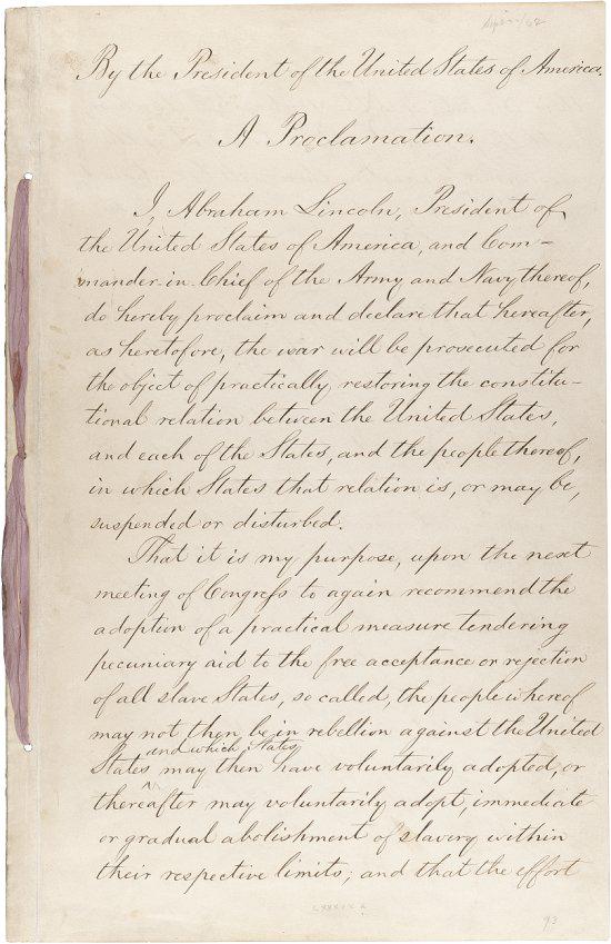 TLCivilWar's tweet photo. On this day in 1862, Abraham Lincoln issues a preliminary draft of the Emancipation Declaration. http://t.co/FBjj96opZP