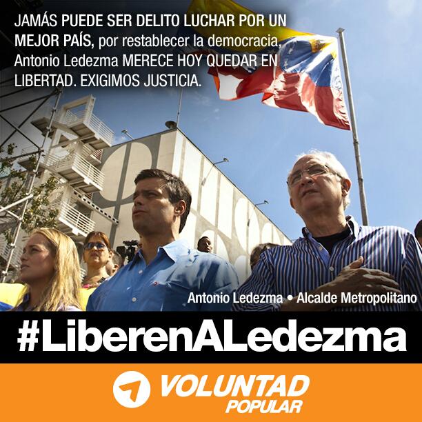 VoluntadPopular's tweet photo. Nadie que luche por una mejor Vzla puede terminar en la cárcel, por ello en la #AudienciaLedezma merece LIBERTAD. http://t.co/x6VYw4DEYl