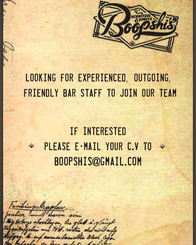 We're looking for bartenders to join the team Boopshi's -if interested email C.V's to boopshis@gmail.com #london #job