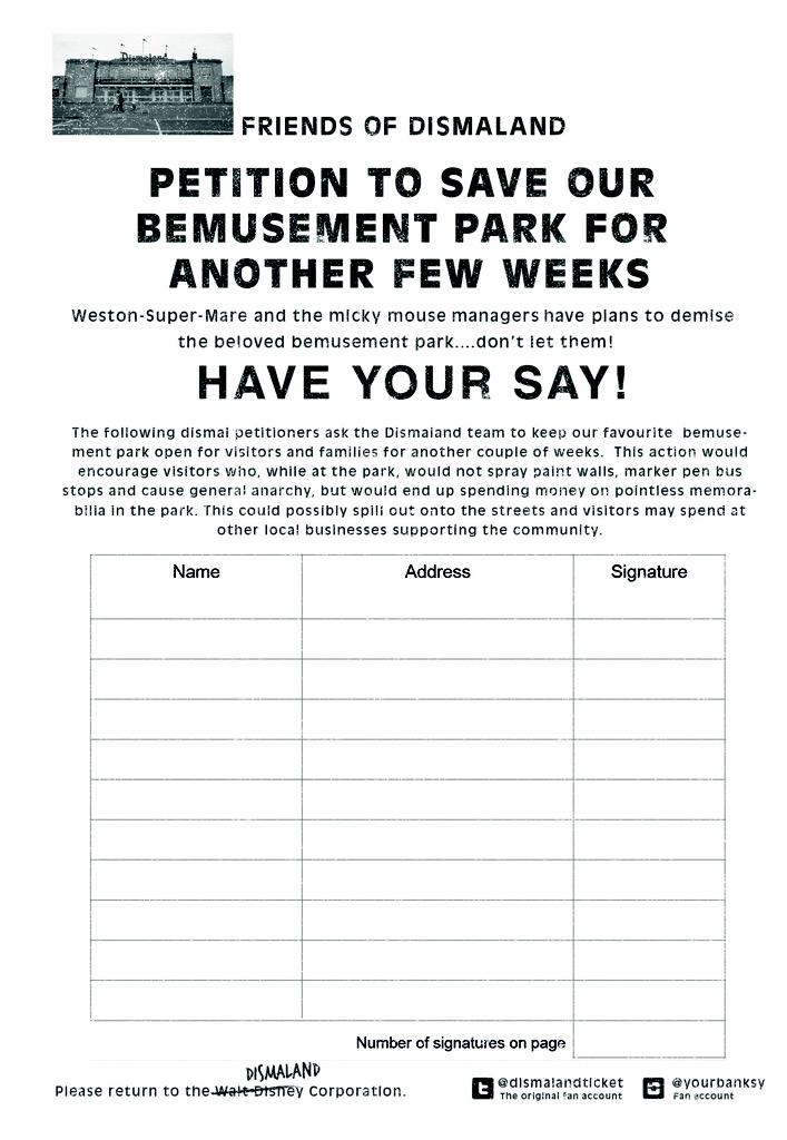 DismalandTicket's tweet photo. Have your say with this #dismaland petition @DismalandTicket http://t.co/XkoCVhObCo