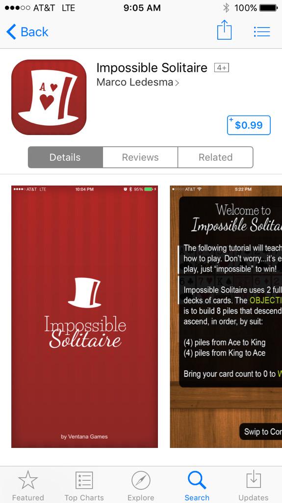 ImpossibleSol's tweet photo. What's this!? #impossible #solitaire is on the #appstore?! Time to #download! http://t.co/7yQu8xmzMF