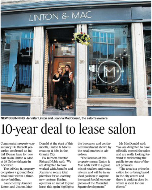 WiredStudioPR's tweet photo. Great news as @FGBurnett confirm 10-year lease for new hair salon @LintonAndMac at 18 Netherkirkgate in Aberdeen http://t.co/l1Mz7XAY3b