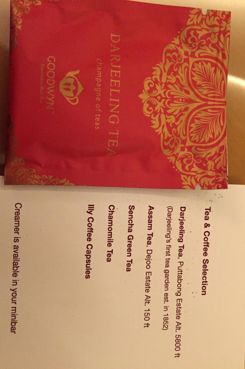 This is how a good hotel handles its in-room tea bags:single estate Darjeeling Tea. At the Four Seasons in Mumbai.