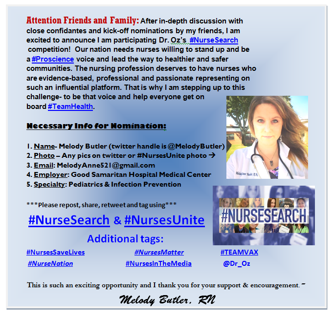 MelodyButler's tweet image. Im throwing my #nursing cap in for @DrOz's #NurseNation #NurseSearch #TeamVax #NursesUnite doctoroz.com/page/nominate-…