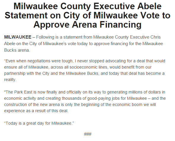 MkeCoExecPress's tweet photo. .@ChrisAbeleMKE statement on @Bucks arena. http://t.co/kWBHddrnN1