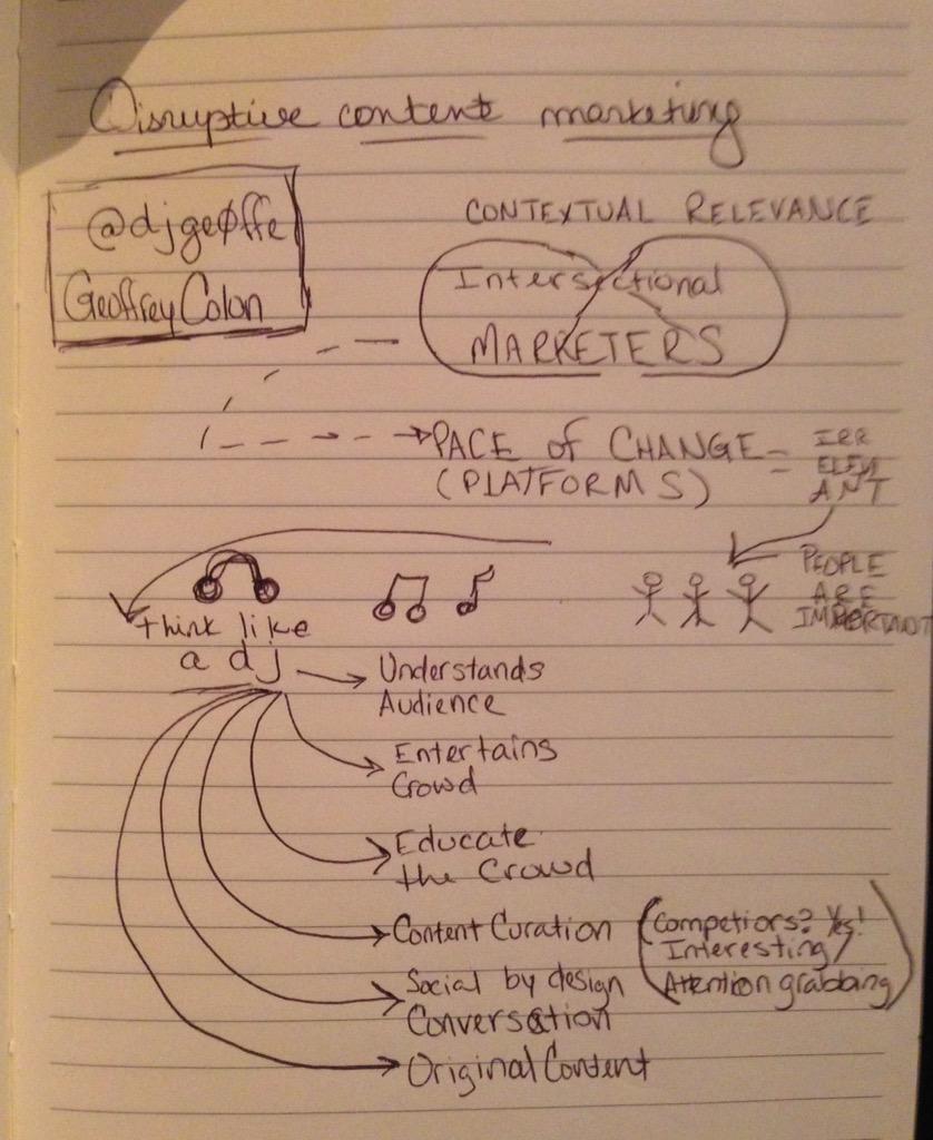 nniiccoollee's tweet photo. Attempted #sketchnote of @djgeoffe's #DSDET15 presentation on disruptive content. #thinklikeadj http://t.co/C0RSbR9oje