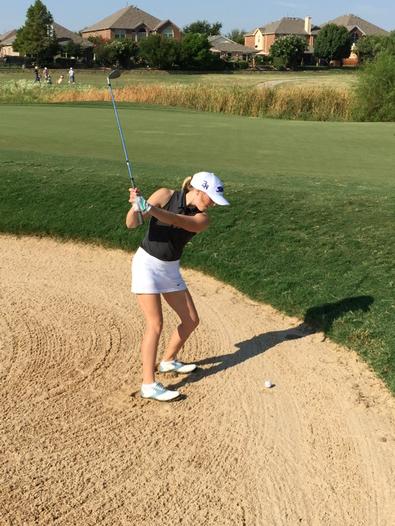 BNHSgolf's tweet photo. Courtney Burge with a bunker shot on hole 8 at Champions #justgetitout. SHE DID! #firsttournamentever http://t.co/glgoccnbZc