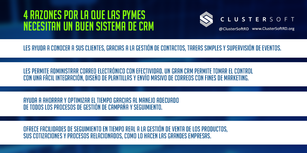 ClusterSoftRD's tweet photo. ¿Por qué las #Pymes deben contar con un #CRM adecuado? Compartimos 4 importantes razones.  #ClusterSoft http://t.co/ybvJuQnkX4